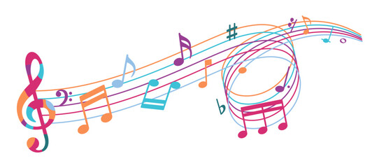 Color music sheet with music notes symbols, flat design vector illustration
