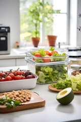 Tuppers with healthy food in a white kitchen