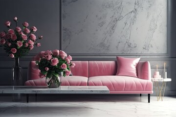A little pink rose velvet sofa is in the living room. For a gray concrete or microcement texture, use plaster. vase, small black table, and decorations. minimalist interior design