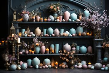 Easter decor with eggs and candles in pastel colors.