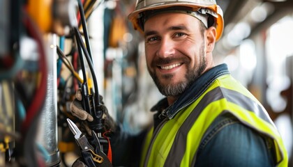 Electrician with beard, helmet and yellow safety vest working on a pair of cables. He looks into the camera with a smile