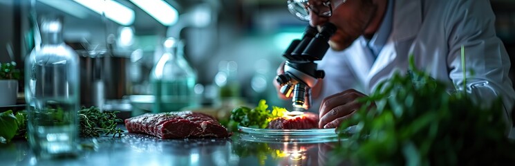 Artificial meat by printing machine. Production of steaks in laboratory conditions. Protein food without harming animals. Concept: Analysis of meat composition. Food growing technology.
