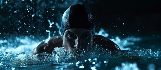 A committed triathlete trains rigorously at night in freezing water, displaying dedication and...