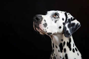 Head of a Dalmatian dog in front of a black background, looking upwards