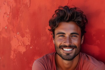 medium shot of a young cheerful man with beard and curly brown hair, in front of a red background, copy space