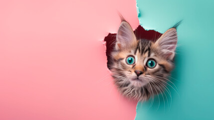 The curious cat looks out of a hole in the color paper background . Copy space.