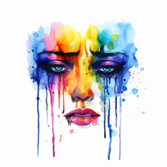 Sad woman face watercolor paint 