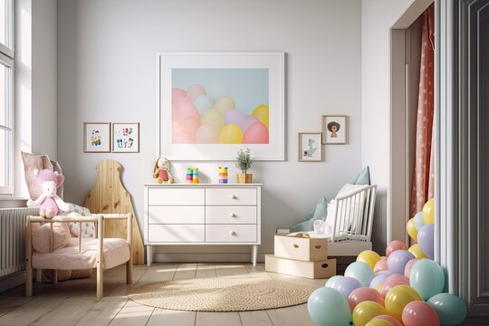 Blank mock up poster in a kid's room with multicolored balloons
