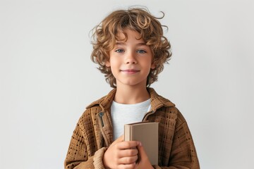 mid shot of a 10 year old boy with tousled hair, a friendly face, brown jacket, holding a book in his hands, bright background