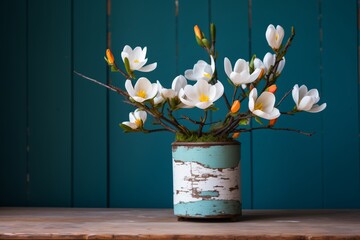 bright white magnolia blooms in a rustic pot