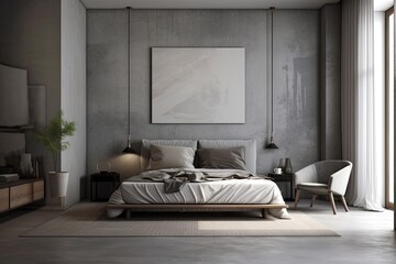 Banner in a grey bedroom with a bed, wall paneling, a coffee table for the armchair, a rug, a pendant lamp, and a concrete floor. a notion for a contemporary home design