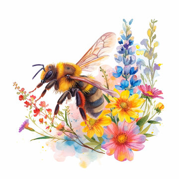 Bee taking nectar from flowers watercolor paint 