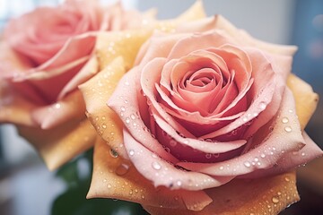 large mauve roses with dew drops on petals