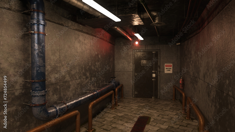 Poster grungy underground corridor and doorway in an industrial building with pipework. 3d illustration.