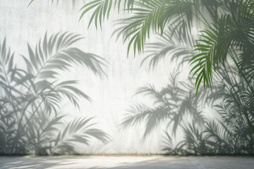 Beautiful shadows of a tropical tree on a blank concrete wall.