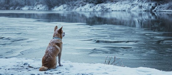 A solitary dog shivers on the frozen riverbank, anxiously awaiting its owner.