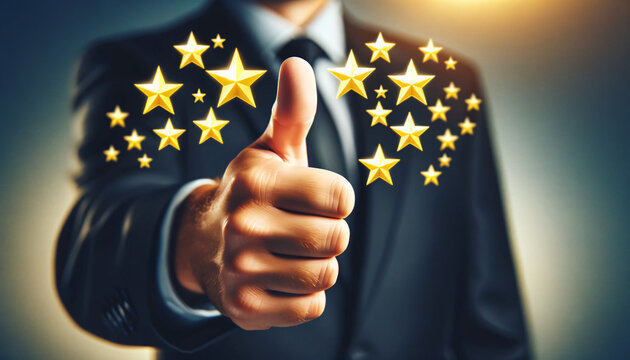 Success, businessman's hand giving a thumbs up, surrounded by yellow stars, representing customer satisfaction and product service evaluation. , Created by using generative AI tools	
