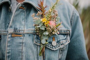 rustic boutonniere with wildflowers on a denim jacket at a festival - obrazy, fototapety, plakaty