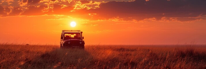 Fototapeta premium Jeep safari in Africa at sunrise