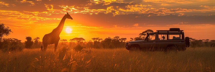 jeep safari in Africa at sunrise with Giraffe