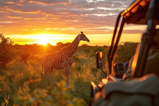 Fototapeta jeep safari in Africa at sunrise with Giraffe