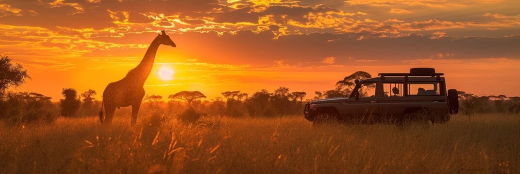 Fototapeta jeep safari in Africa at sunrise with Giraffe