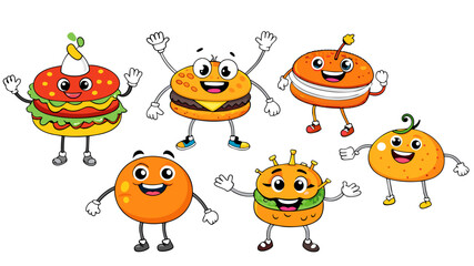 Whimsical Retro Cartoon Burger Characters Feature Charismatic Buns, Lively Patties, And Cheerful Toppings