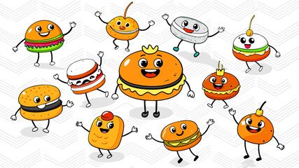 Whimsical Retro Cartoon Burger Characters Feature Charismatic Buns, Lively Patties, And Cheerful Toppings