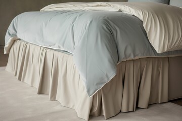 Fototapeta na wymiar bed with a tailored cashmere bed skirt and highend sheets