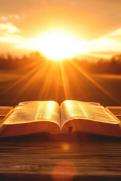An open book of the Bible lies on the table against the backdrop of the sun and sunset.