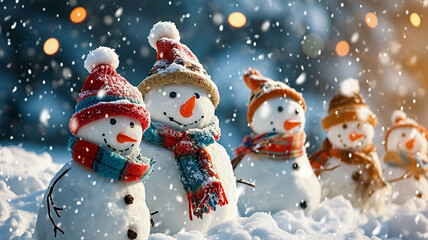 Snowman family in red hats and scarves on snowy background.