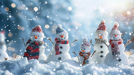 Snowman family in red hats and scarves on snow with bokeh background