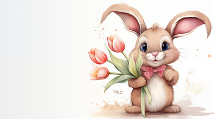 Adorable Cartoon watercolor Bunny Holding a Bouquet of Tulips.