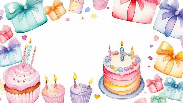 Colorful greeting card with cakes, candles, gift boxes, balloons in pastel colors. Happy birthday party concept.