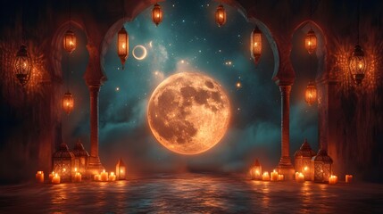 ramadan islamic greeting card of crescent moon decoration and lanterns with copy space area banner