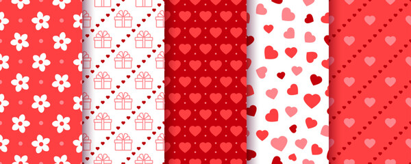 Valentine's day backgrounds. Seamless pattern. Packing paper with hearts, flowers and gift boxes. Cute red textile prints. Set love textures. Collection retro festive backdrops. Vector illustration