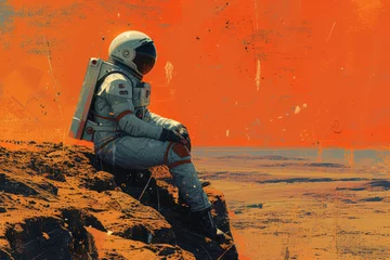 Fotobehang An adventurous astronaut in a white suit sits on a rough Martian cliff, contemplating the vast universe and alien landscapes in this artful space exploration illustration. © tonstock