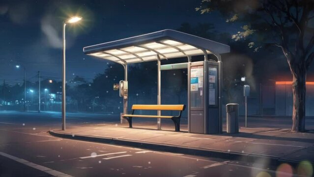 the bus stop is quiet at night, Cartoon or anime watercolor painting illustration style. seamless looping virtual video animation background.