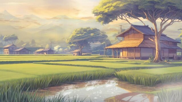 rural atmosphere on the edge of rice fields with natural views. Cartoon or anime watercolor painting illustration style. seamless looping virtual video animation background.
