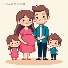 Happy family, pregnant mother, husband and children. children can adjustable, flat design vector illustration