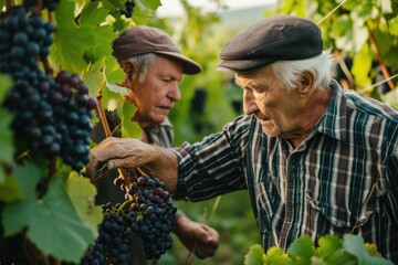 Old man in vineyard showing good grapes to his son while harvesting. The winemaking knowhow should pass from generation to generation. 