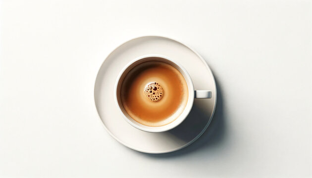 Hot coffee in a white cup and plate, set on a white background. The coffee should appear freshly brewed, with a rich color, Created by using generative AI tools	
