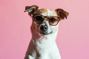 dog wearing sunglasses on pastel background.