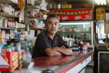 Portrait of the owner or a manager at the counter in a small local business American convenience store (bodega), in Los Angeles, California. 