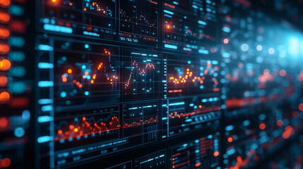 Fototapeta premium Futuristic server room with illuminated digital data and graphs, concept of big data storage and cloud computing technology