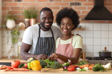 Portrait of a smiling young African couple standing together at a kitchen island at home and chopping vegetables for a healthy lunch 