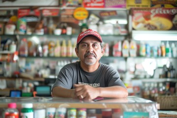 Portrait of the owner or a manager at the counter in a small local business American convenience store (bodega), in Los Angeles, California. 