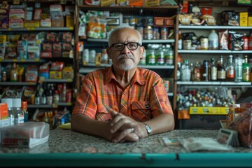 Portrait of the owner or a manager at the counter in a small local business American convenience store (bodega), in Los Angeles, California.
