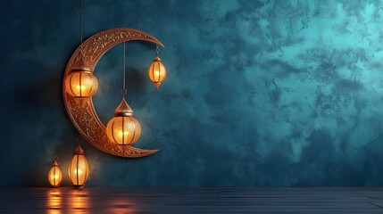 ramadan islamic greeting card of crescent moon decoration and lanterns with copy space area banner