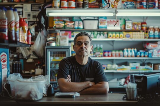 Portrait of the owner or a manager at the counter in a small local business American convenience store (bodega), in Los Angeles, California.